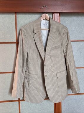 New Amour Vert Beige White Striped Blazer Linen Blend